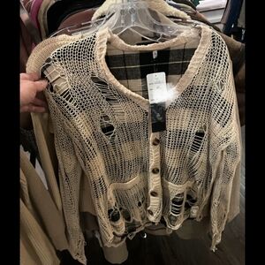 R13 Beige Distressed Knit Cardigan